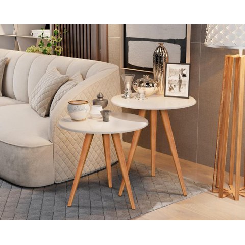 Conjunto Isabela 2 Mesas Lateral e Apoio Redonda Off White