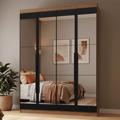 Guarda-Roupa Solteiro 4 Portas Batentes com Espelhos Rustic/Preto/Preto Netuno Madesa