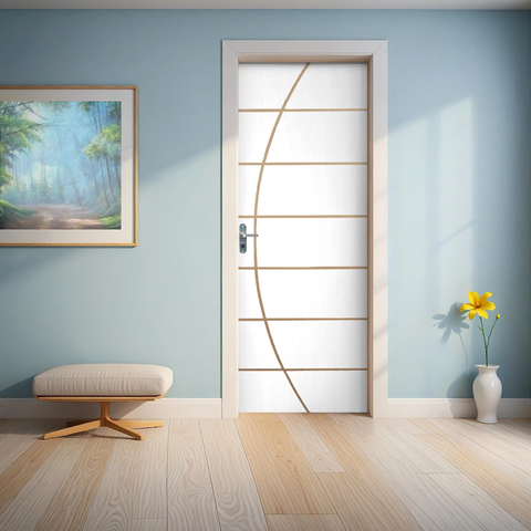 Kit Porta de Madeira Decorada 215x85cm com Batente de Aço 06cm Neblina MGM Abertura Direita Branco