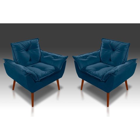 Kit 02 Poltronas Decorativas Opala Suede Azul Marinho - Pandora Decor