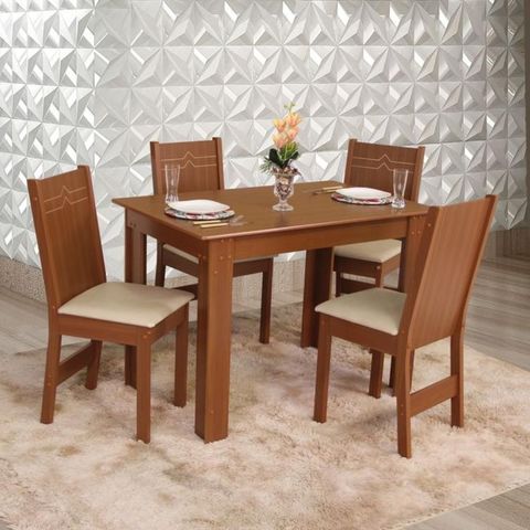 Conjunto Mesa Retangular Pérola com 4 Cadeiras Paraty Fosca Bagum Bege Naturalle