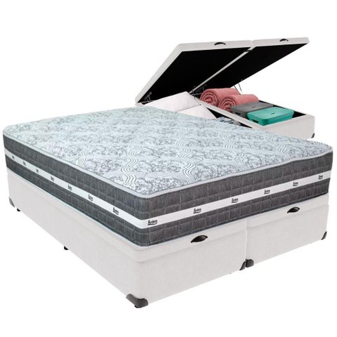 Cama Box Baú Branco e Colchão Black Graphite Molas Ensacadas King 193x203x27 Anjos