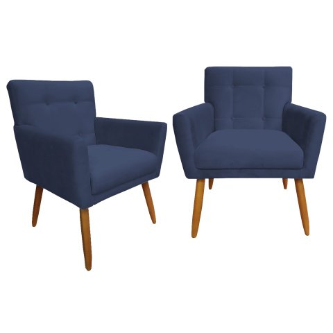 Kit 2 Poltronas Decorativa Onix Suede Azul Marinho Pés Madeira Ms Decor