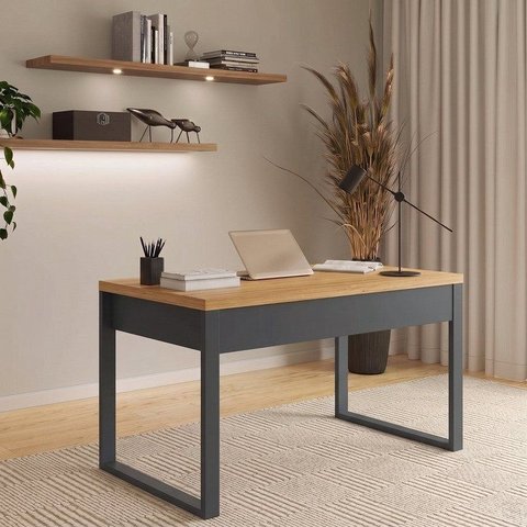 Escrivaninha Mesa de Escritório Industrial 100% MDF 135cm Freijó/Preto
