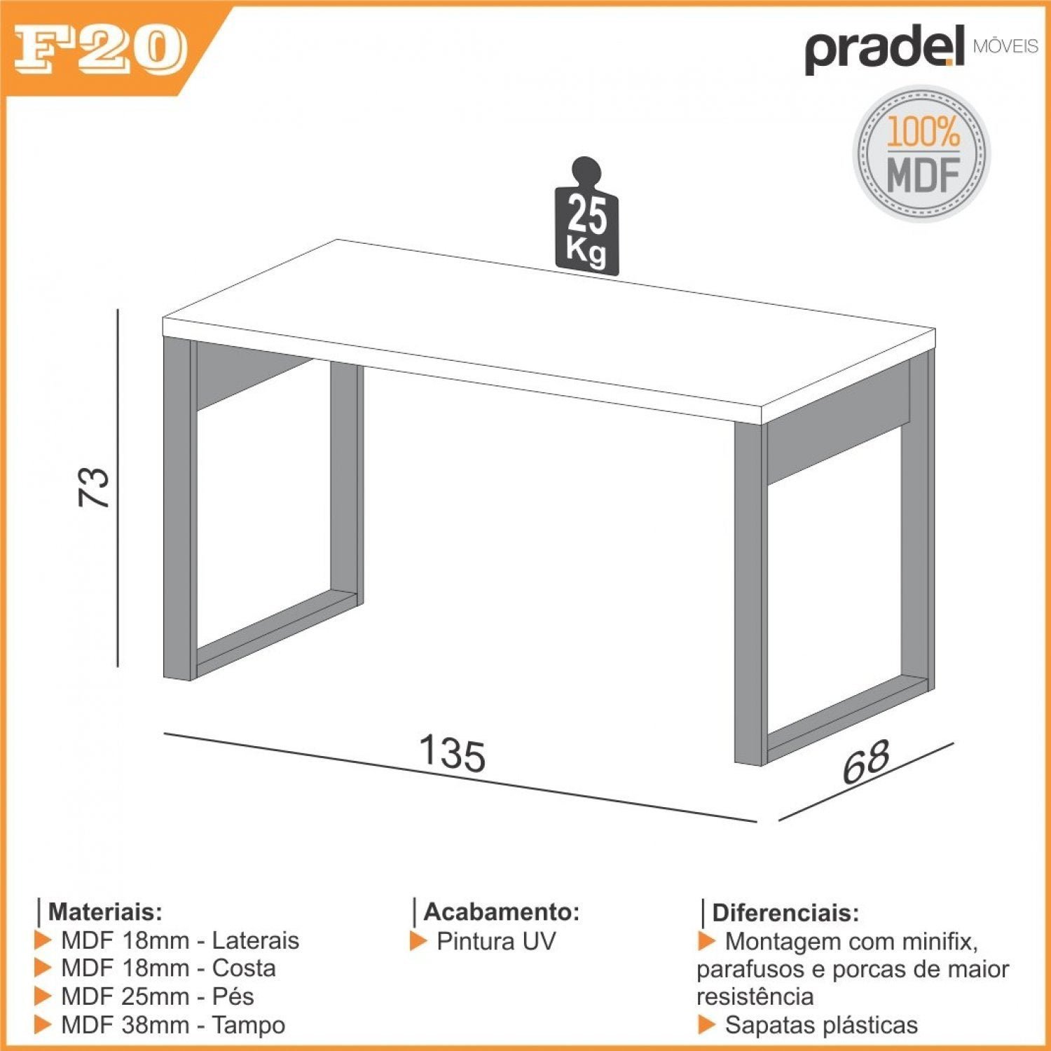 Mesa para Escritório 135cm 100% MDF  Freijó/Preto - 4