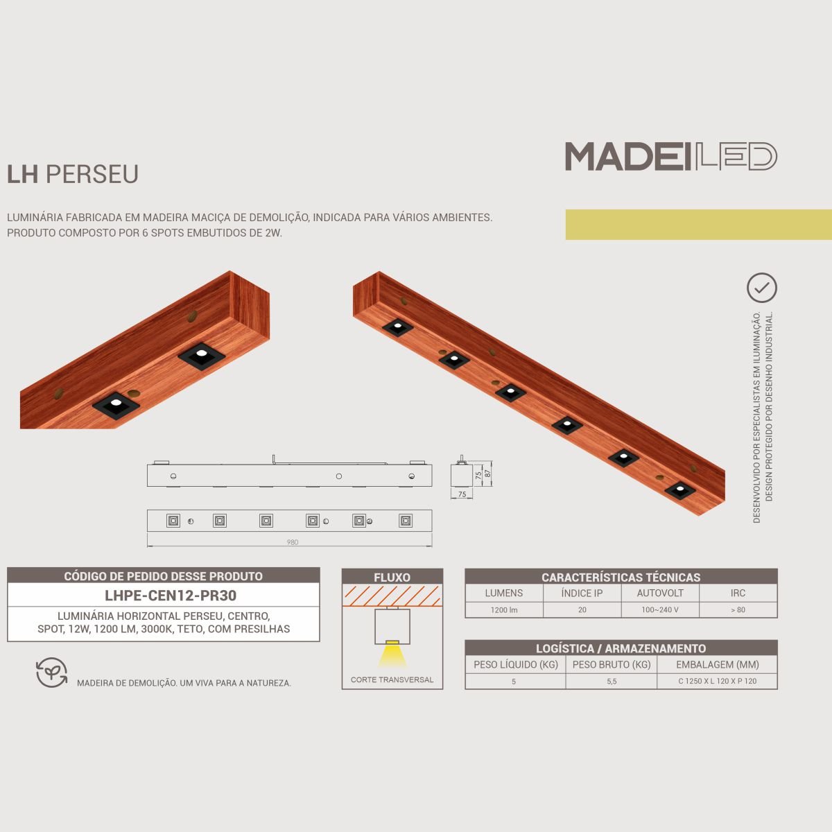 Luminária de Teto Perseu 12w Bivolt Madeira Maciça Spot - 7