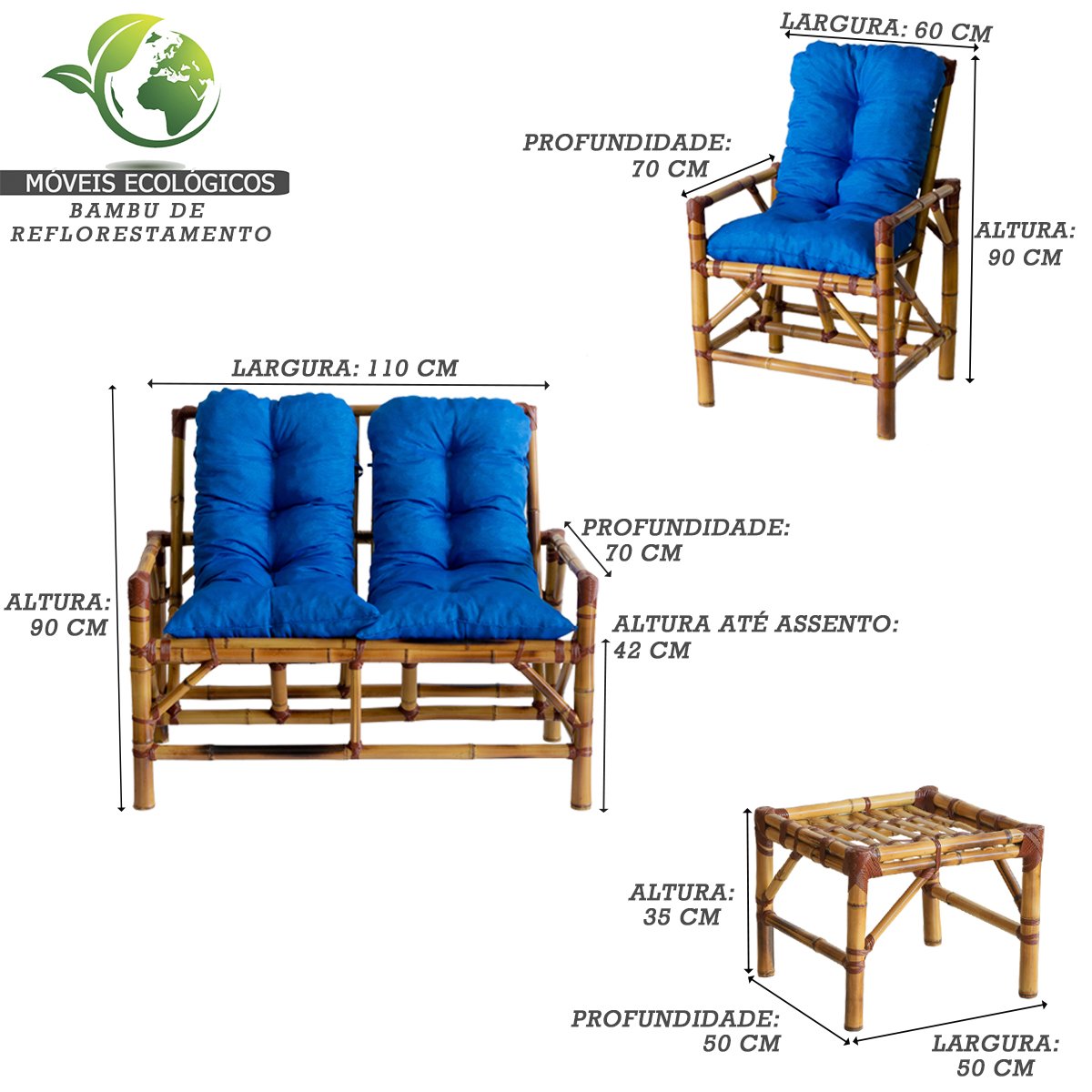 Conjunto Bambu Namoradeira, 2 Cadeiras + Mesa de Centro com Almofadas para Área T14 - 4