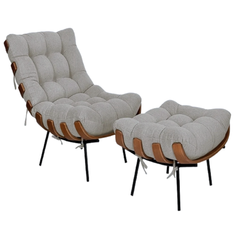 Poltrona Costela Linho Cinza Sala Quarto com Puff Luxo Madeira
