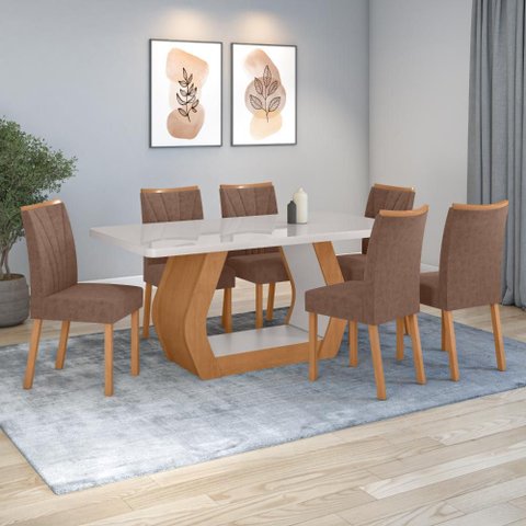 Conjunto Sala de Jantar Mesa Easy Tower 170x90cm Mdf/vidro com 6 Cadeira Armoni Couro Avelã Amendoa
