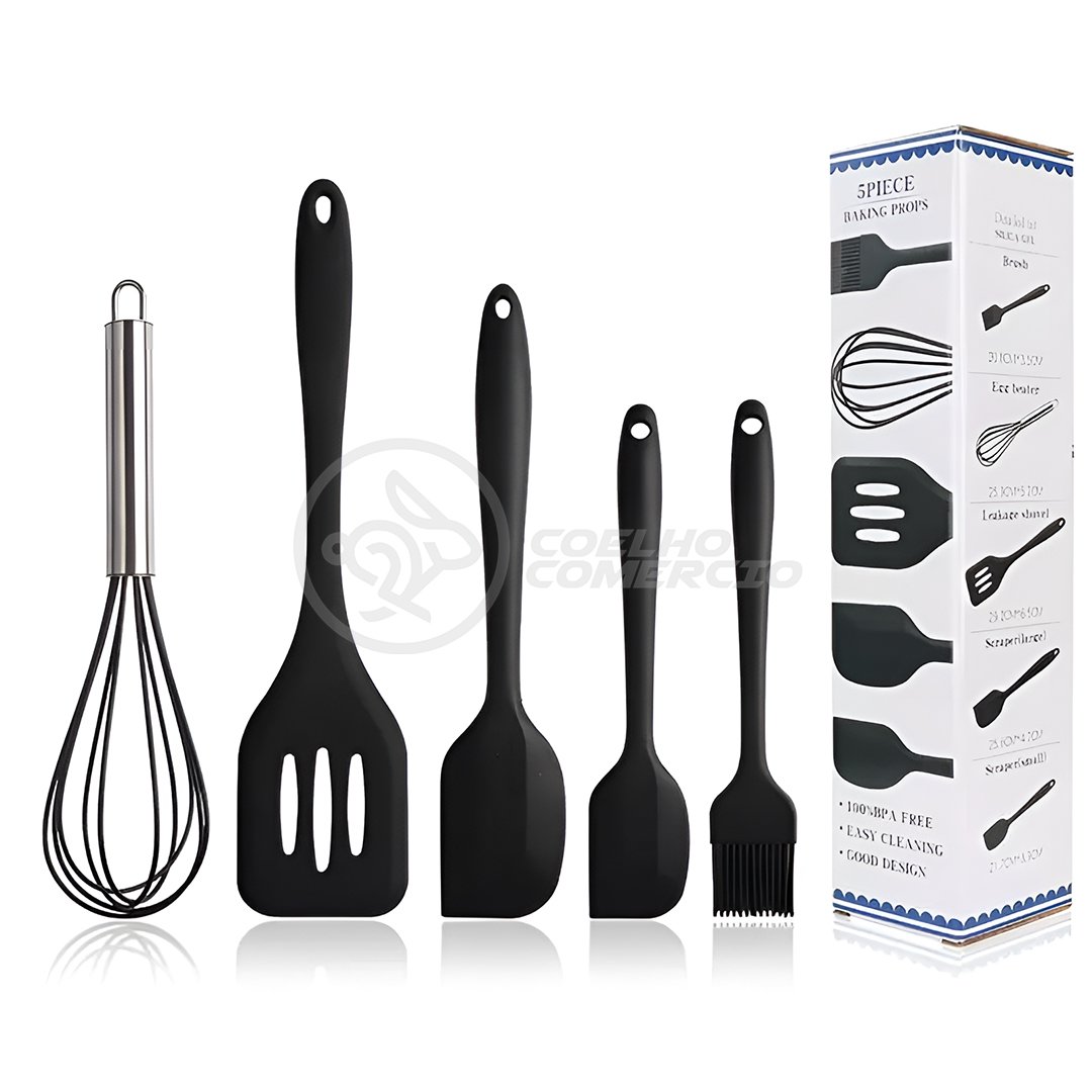 Kit 5 Utensílios de Cozinha Resistentes Conjunto Completo Peças de Silicone:preto/único/unissex