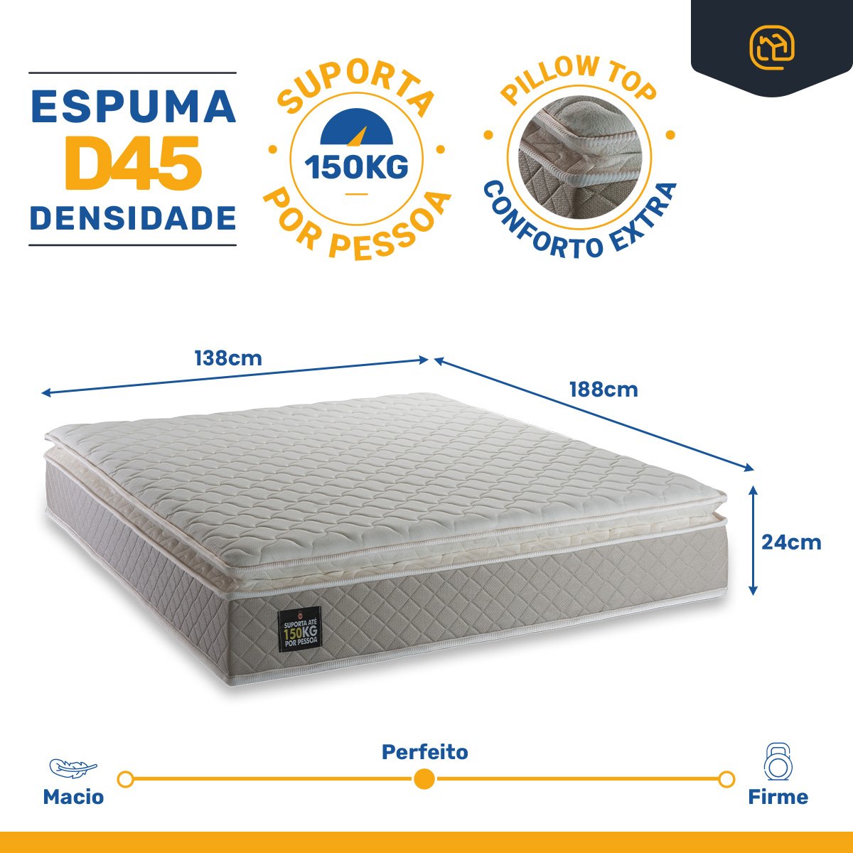 Colchão Casal Espuma D45 Pillow Top Strong Cinza/branco Suporta até 150kg por Pessoa - 3