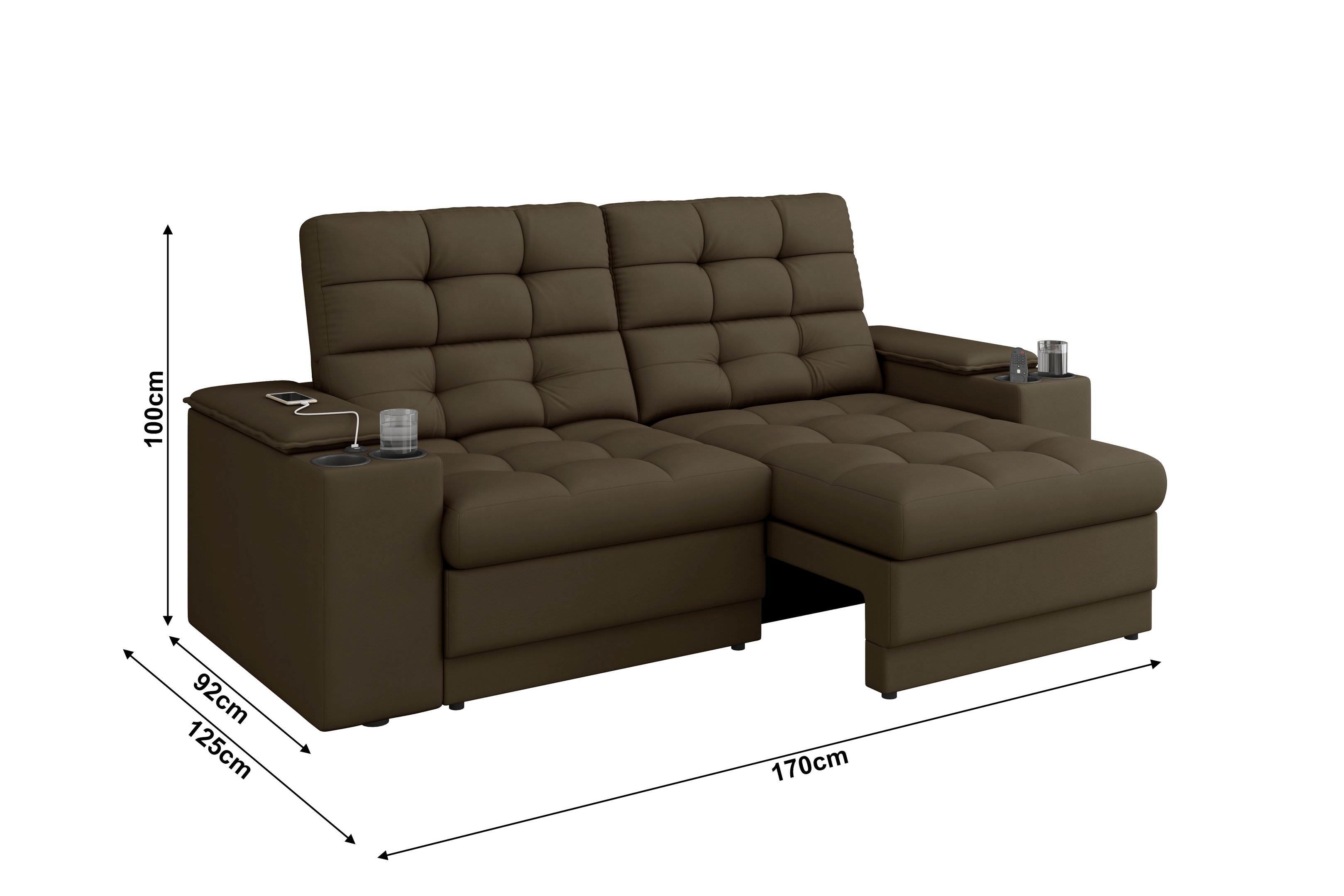 Sofá Confort Premium 1,70m Assento Retrátil/reclinável Porta Copos e Usb Suede Marrom - Xflex - 2