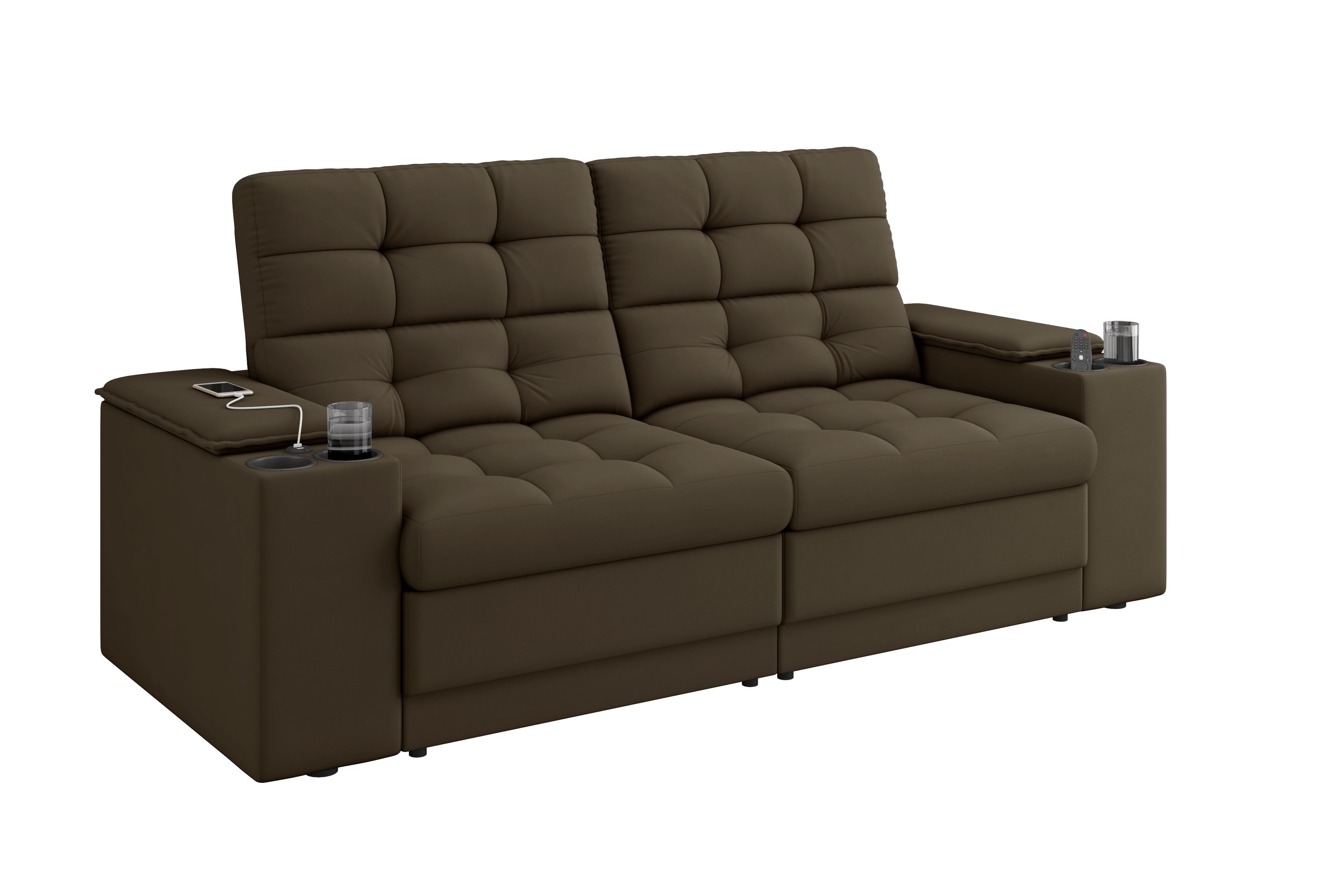 Sofá Confort Premium 1,70m Assento Retrátil/reclinável Porta Copos e Usb Suede Marrom - Xflex - 3