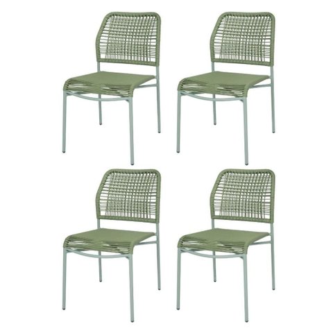 Kit 4 Cadeiras Empilhável Leme Fratini Aço Verde Assento e Encosto Trama de Corda Náutica Verde