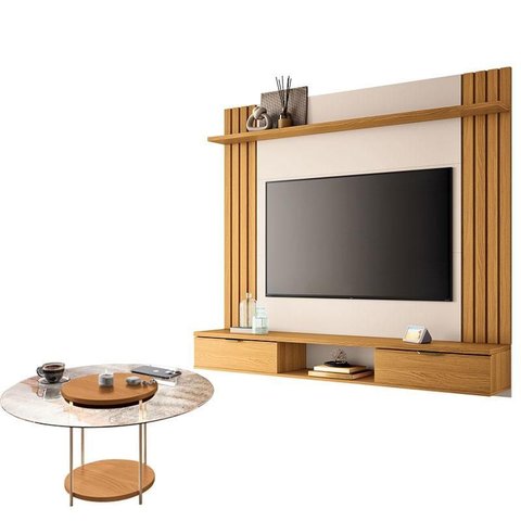 Painel para Tv Suspenso Solus e Mesa de Centro Sky com Tampo de Vidro Cinamomo Off White – Hb Móveis