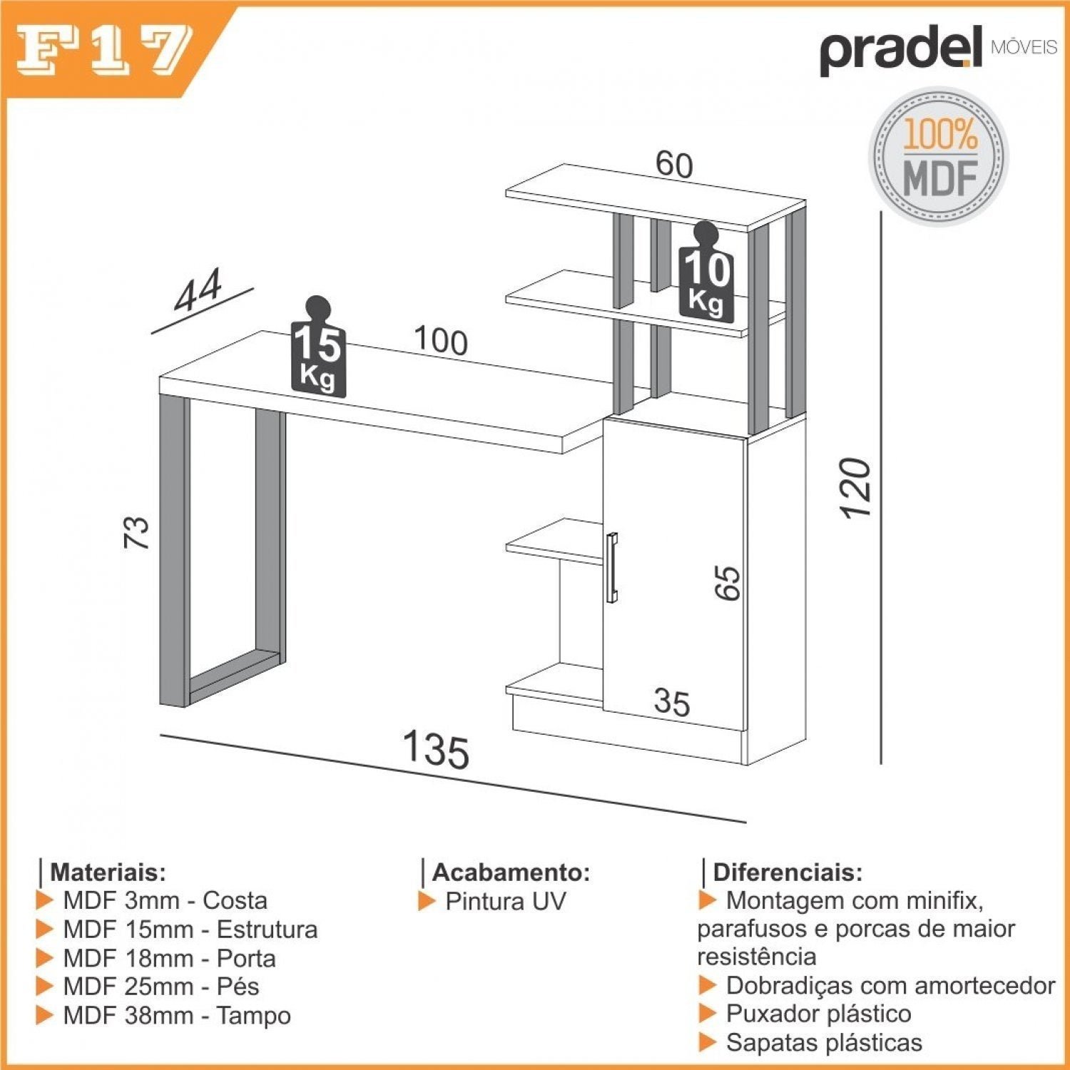 Escrivaninha 100% MDF 5 Prateleiras 1 Porta 135cm  - 3