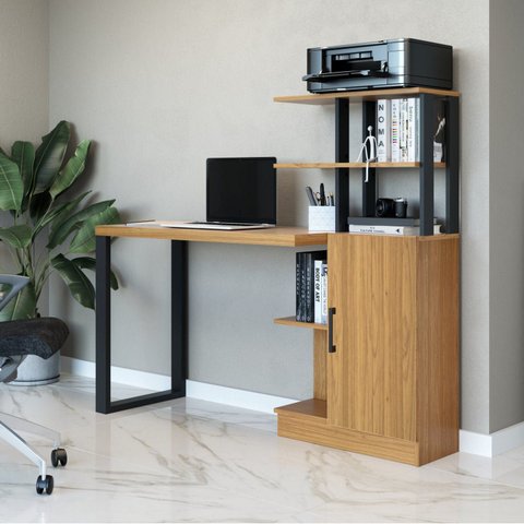 Escrivaninha Mesa Escritório 100% 5 Prateleiras 1 Porta 135cm Industrial Freijó E Preto