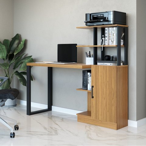 Escrivaninha Mesa Escritório 100% MDF 5 Prateleiras 1 Porta 135cm