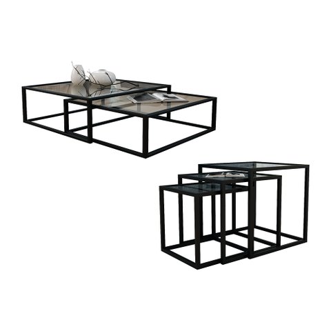 Kit Industrial Duo Mesa de Centro Catarina 35x135 e Trio de Mesa Lateral Isabela Tampo Vidro - Preto