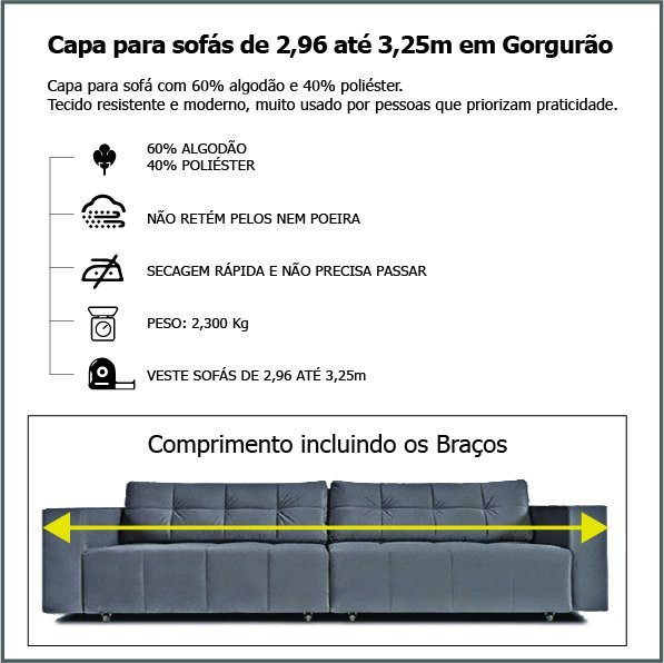 Capa de Sofá Retrátil 4 Lugares Gorgurão até 3,25m:Bege - 3