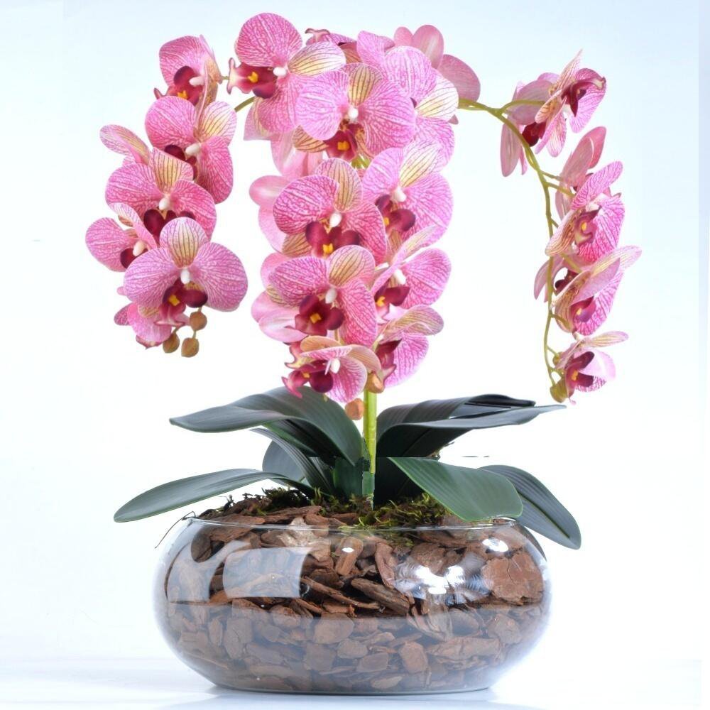 Arranjo 4 Orquídeas Artificiais Rosa em Vaso de Vidro Nara