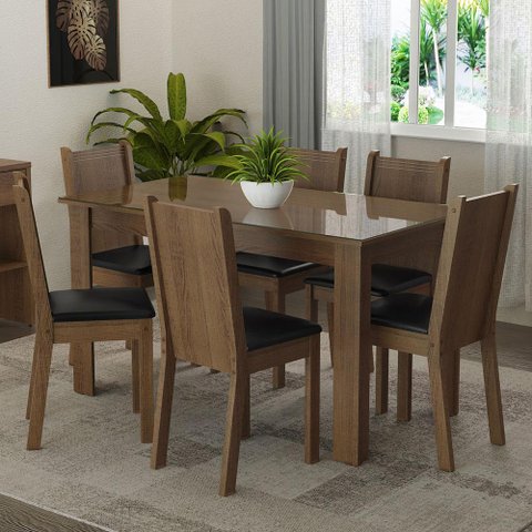 Conjunto Sala de Jantar Mesa Tampo de Vidro 6 Cadeiras Isla Madesa