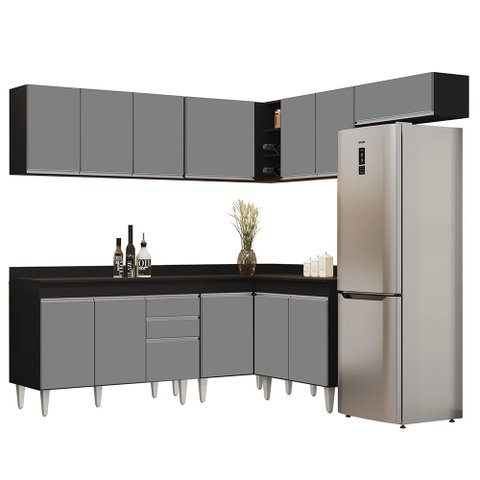 Armário de Cozinha Modulado de Canto 7 Peças Cp20 Balcão com Tampo Preto/cinza - Lumil Lumil Móveis