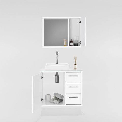 Gabinete para Banheiro com Cuba e Espelho Turin 60 C/ Vidro - Avelato / Branco