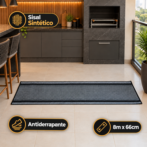 Tapete Passadeira Sisal Lancer 8m x 66cm Antiderrapante Preto Cinza