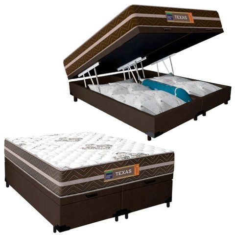 Cama Box Baú Casal Bipartido Suede + Colchão Molas Ensacadas Texas Prime Colchões 138x188x67cm