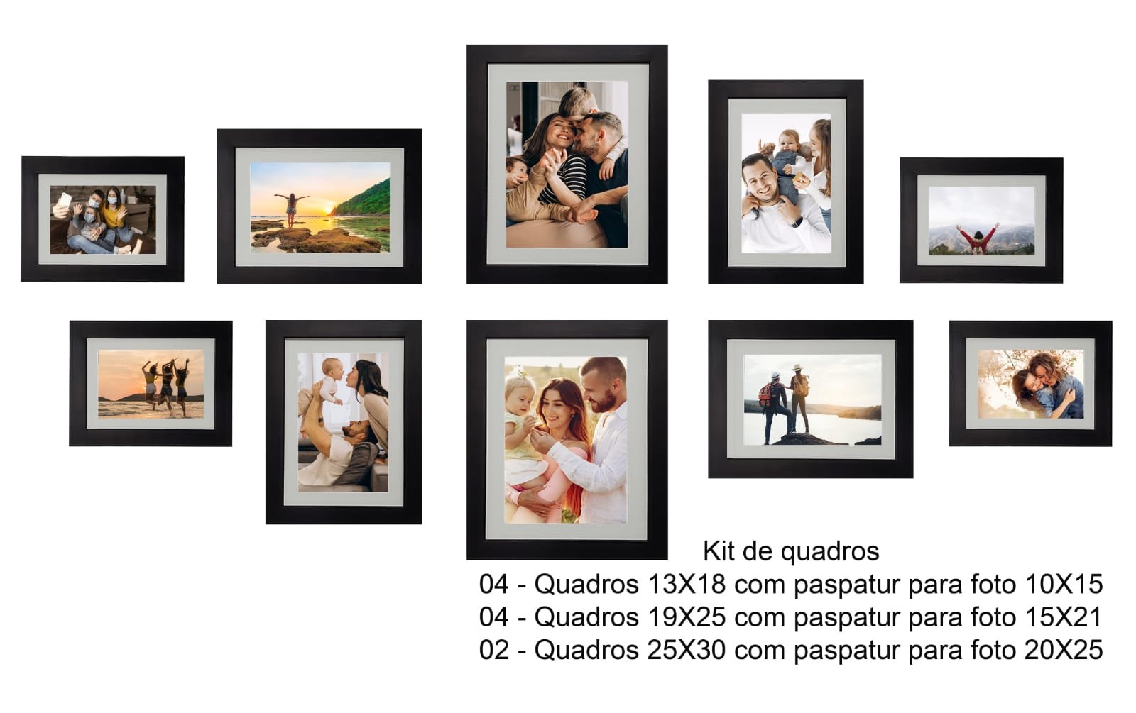 Kit 10 Quadros com Paspatur - Mural Sala - Painel Multifotos:opção Preto/parede