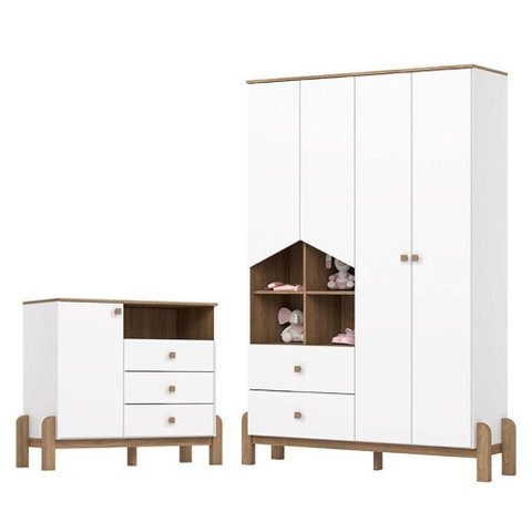 Cômoda com Guarda Roupa 4 Portas Ternura Branco Jequitibá - Henn
