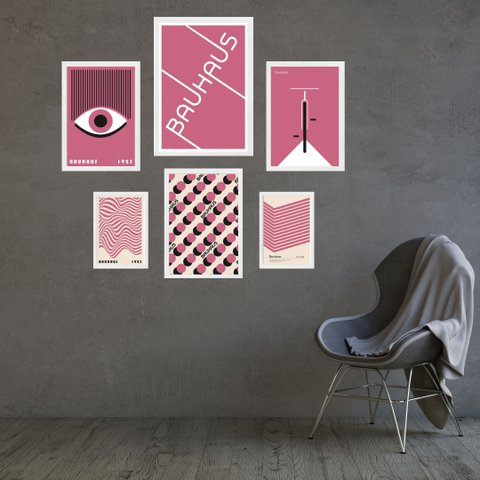 Kit Composição 6 Quadros Artes Bauhaus Rosa - com Vidro:moldura Branca