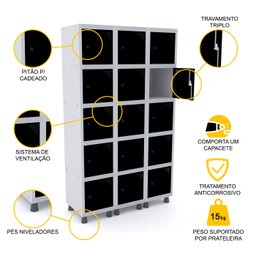 ROUPEIRO DE AÇO 3M 15 PORTAS PITÃO PANDIN - CINZA/PRETO GRP 503/15 DI - 3