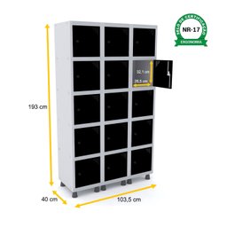 ROUPEIRO DE AÇO 3M 15 PORTAS PITÃO PANDIN - CINZA/PRETO GRP 503/15 DI - 2