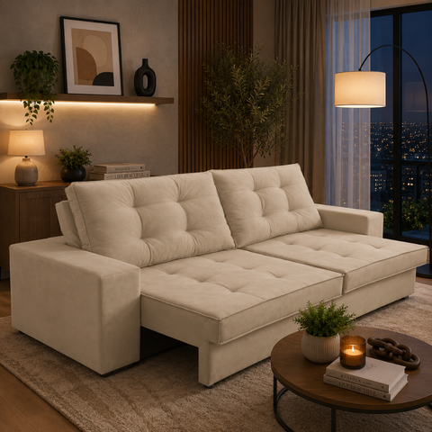 Sofá Retrátil 3 Lugares 2,50m com Molas Mara Suede Bege
