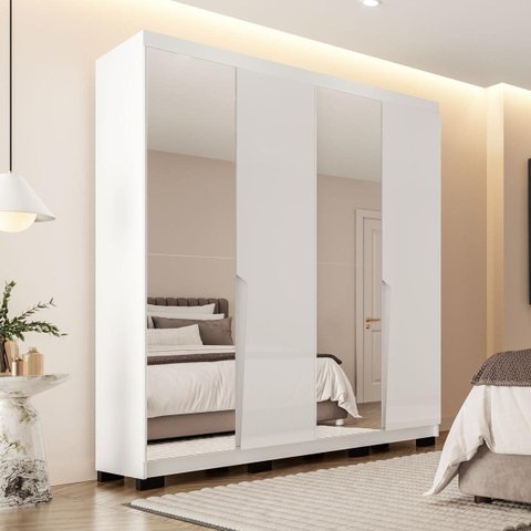 Roupeiro Solteiro Porto 4 Portas com Espelho 161x214cm Branco 240847