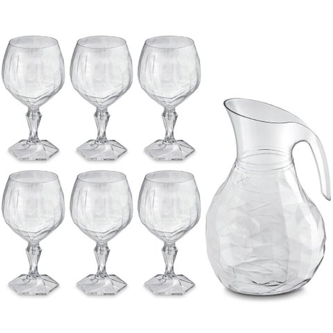Kit Jarra 2,3l e 6 Taças 350ml Jogo de Plástico Refresco Tango Servir Água Suco Transparente Uz