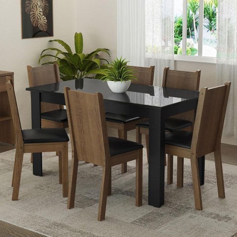 Conjunto Sala de Jantar Mesa Tampo de Vidro 6 Cadeiras Isla Madesa Preto/rustic