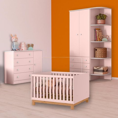 Conjunto Berço Mini Cama Slim, Cômoda Sapateira e Guarda Roupa Rosa