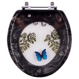 Assento Sanitário Decorado Oval Preto com Borboleta Azul - 1