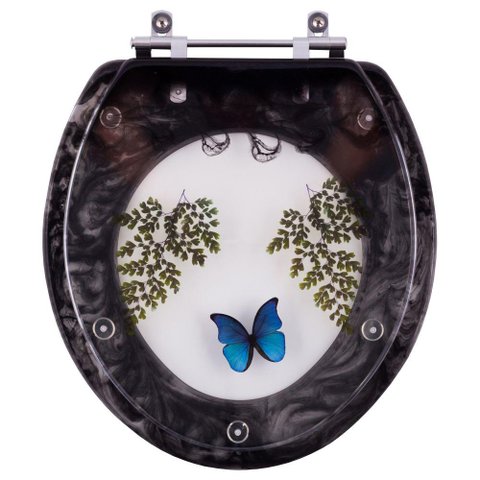 Assento Sanitário Decorado Oval Preto com Borboleta Azul