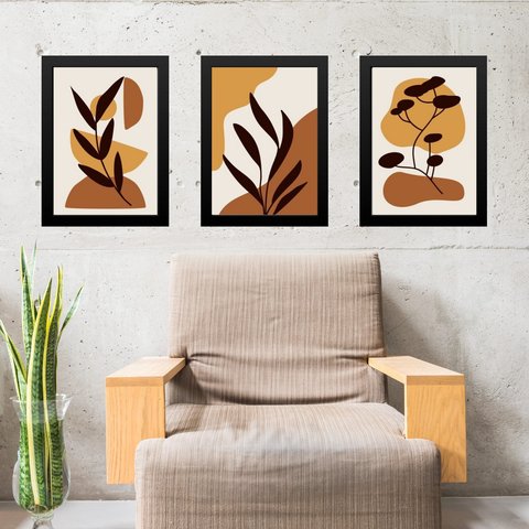 Kit 3 Quadros Gravuras Boho Folhas Marrom 24x18cm:moldura Preta