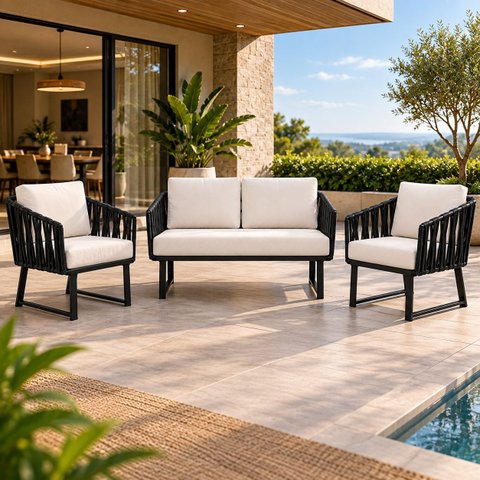 Conjunto Sofa + 2 Poltronas Tricô Náutico Alumínio Resistente Aquablock Área Gourmet Jardim:Preto