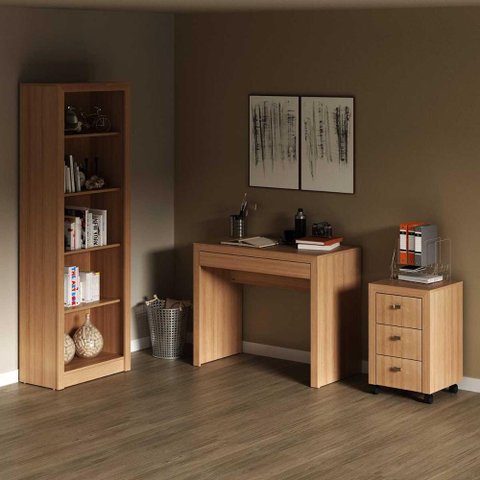 Kit para Escritório com Mesa Estante 5 Nichos e Gaveteiro Am Cor:amêndoa