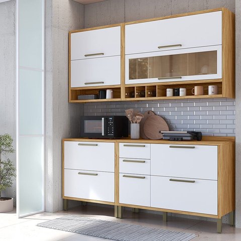 Armário de Cozinha Compacta Modulada 4 Peças 7 Portas com Vidro 200cm 100% MDF Vicenza Espresso Móveis Branco/Amêndoa/Brilho