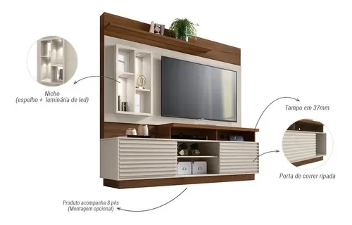 Ver imagem 5 de Estante Home Para Tv Até 65 Polegadas Com Led Off White/Nogueira