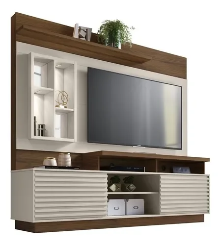 Ver imagem 2 de Estante Home Para Tv Até 65 Polegadas Com Led Off White/Nogueira