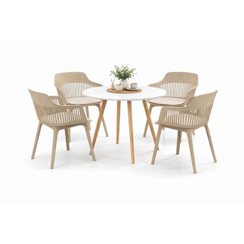 Conjunto de Jantar Mesa Leda 100cm Branca + 4 Cadeiras Marcela, Moderna e Confortavel - Nude
