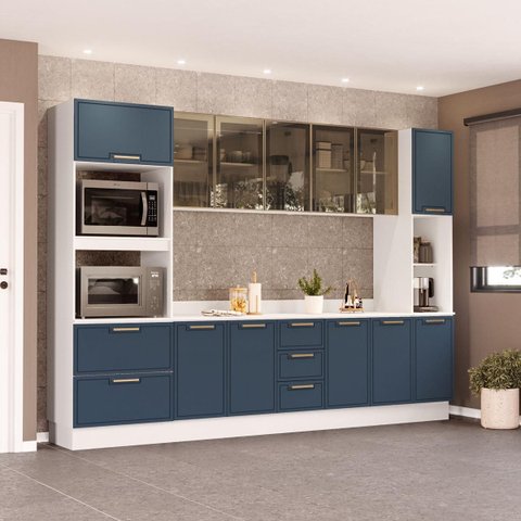 Cozinha Amara Aéreos de Vidro Torre Quente Paneleiro Balcões c/ Tampo Rodapé Branco/Azul 250774